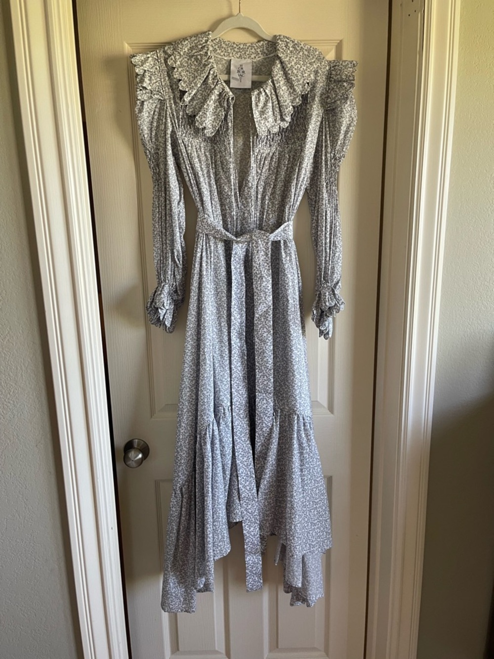 Horror Vacui Defensia Blue/Grey Floral Maxi Dress with Ruffle Collar Sz Small